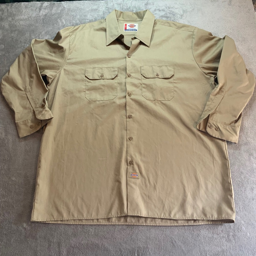 Dickies Mens 2XL Khaki Tan Long Sleeve Work Shirt Button Down Utility Top